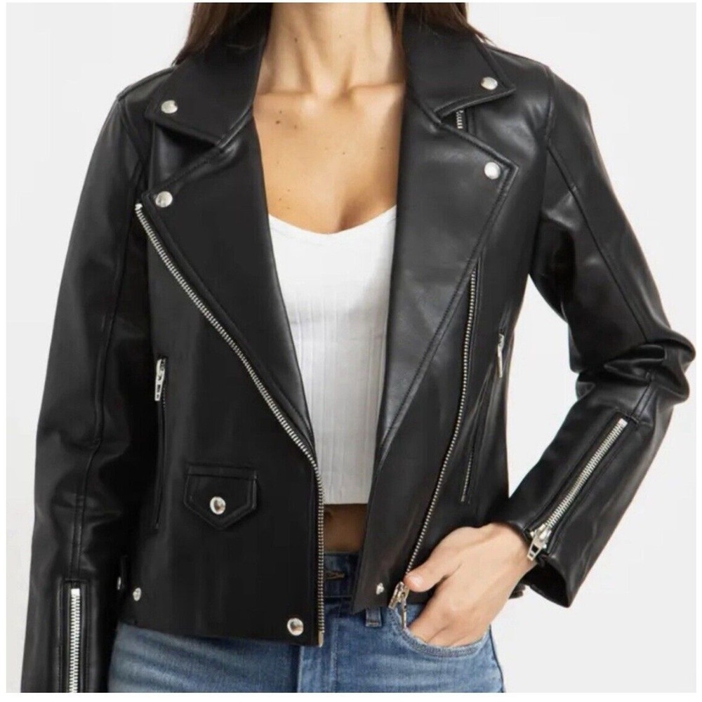 Womens Black Faux Leather‎ Motorcycle Jacket Full Zip Bike core